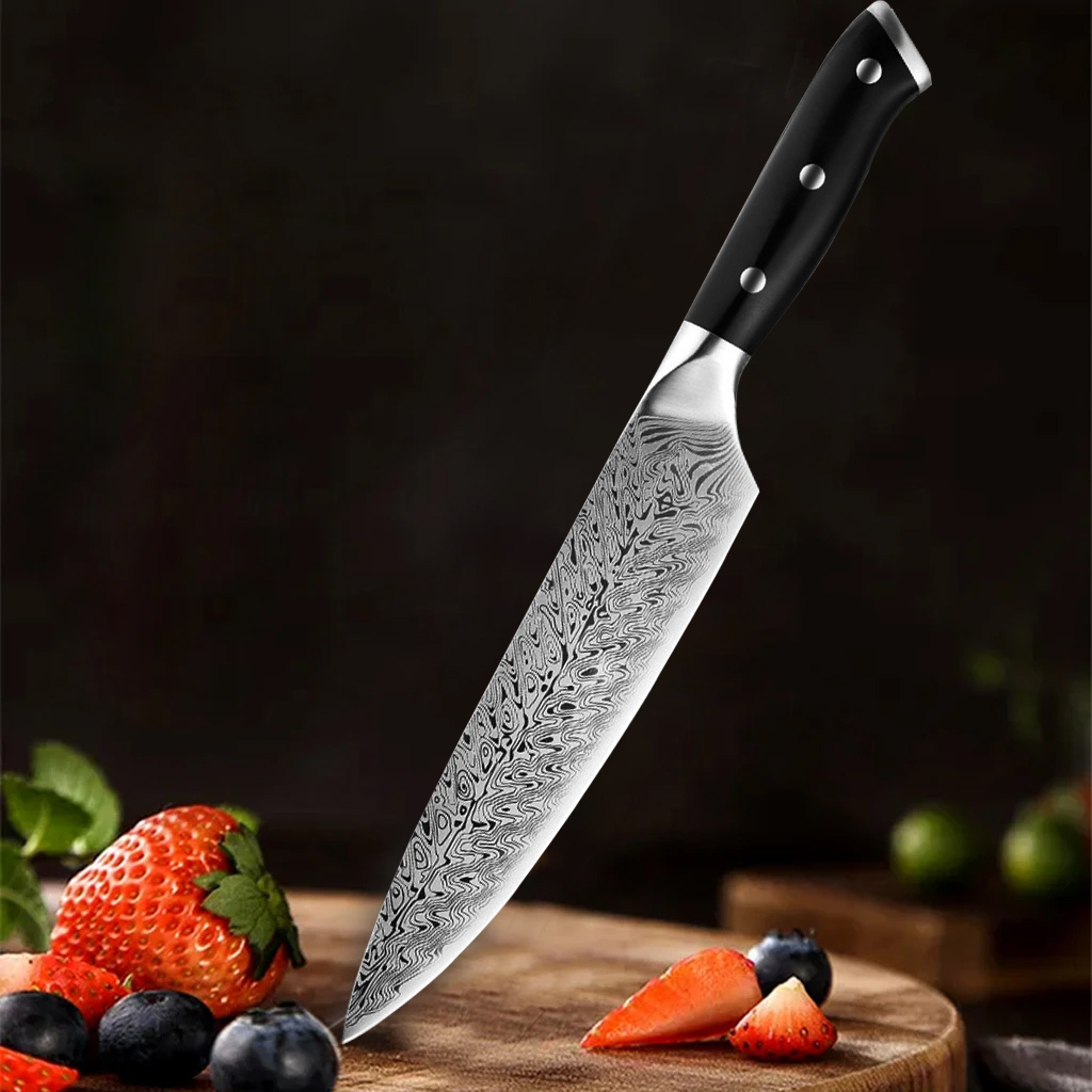 Wok Carbon Steel - Damascus patroon keukenmes, zwart antislip handvat