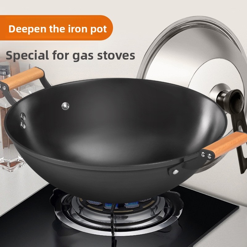 Wok Carbon Steel - Dubbele oor ijzeren pan roerbakpan, huishoudelijke